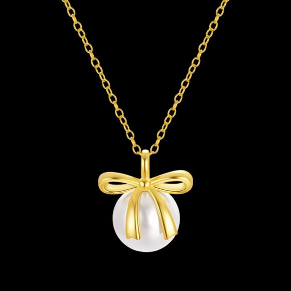Gold Plated Bow Pearl Necklace - Picture 1 of 2